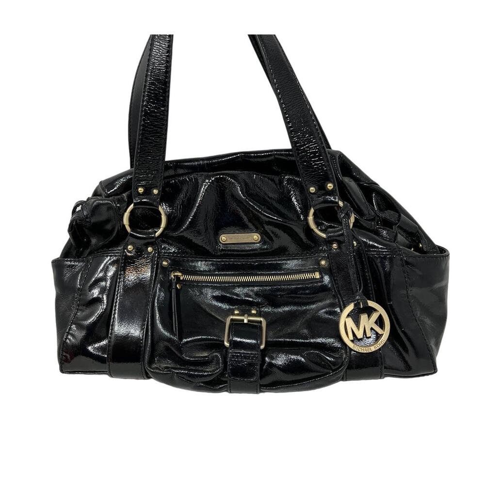 Michael Kors Patent Leather Satchel Bag Handbag Black Gold RESHOOT